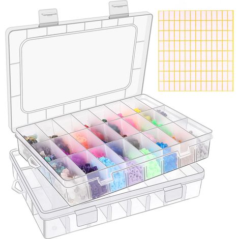 Lot de 2 boîtes de rangement en plastique transparent avec 24 compartiments - Boîte de rangement réglable avec étiquette pour vis, bijoux, perles et autres petits objets (1/5)