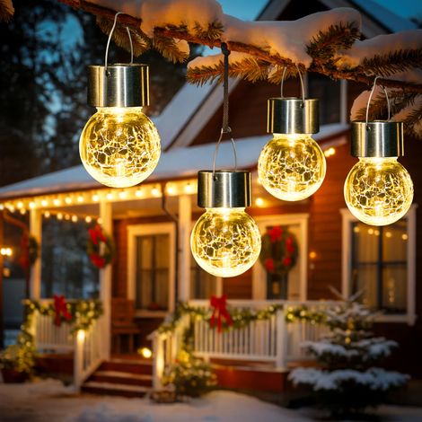 Set mit 4 solarbetriebenen Lichterketten zum Aufhängen für Weihnachtsdekorationen - Crackle-Glas, wasserdicht, geeignet für Gärten, Terrassen, Zäune und Bäume (warmweiß) (1/5)