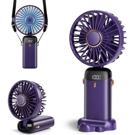 Ventilatore portatile - Batteria da 3200 mAh, autonomia di 12 ore - Display a LED - Pieghevole - 5 velocità - Uso personale (mano, collo, scrivania) 3 in 1 - Viola - 1 pezzo (1/5)