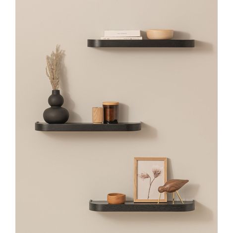 Étagère Murale Set 3 Tablette Murale en Placage Bois Véritable Étagère Flottante pour Décoration et Rangement Salle de Bain, Salon, Cuisine, Chambre Chêne, Noir (1/5)