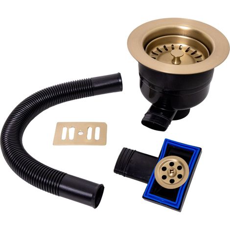 Round Kitchen Sink Strainer Waste with Overflow, Top Fix Installation, 231 x 114 x 214mm, Brushed Brass