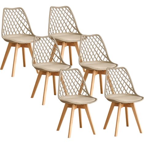 Wokaka Confezione da 6 sedie da pranzo - Scandinave - Schienale a rete - Cuscino seduta in pelle (Beige) (1/5)