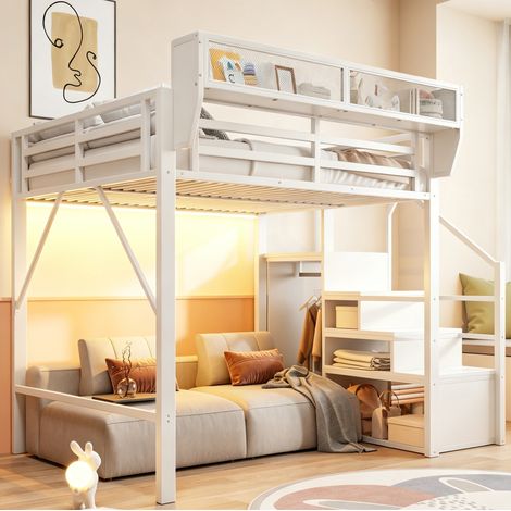 MEUBLIV Lit mezzanine 140x200 cm,Lit effent avec LED et armoire,Escalier de sécurité avec rangement, style industriel (1/5)