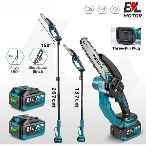 Scie à chaîne électrique sans fil 8 pouces, télescopique, pour l'élagage des arbres de jardin, compatible avec la batterie Makita 21V, Avec 2 batteries (1/5)