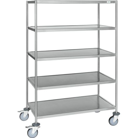 Kongamek Edelstahl- Etagenwagen vollständig geschweißt, 5 Ladeflächen 1050x550mm Gummibereifung mit Bremse (1/2)