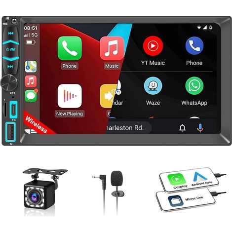 Autoradio 2 Din sans Fil, 7 Pouces IPS Écran Tactile, Poste Radio avec Caméra de Recul, Bluetooth, Miroir Link, FM/AM/RDS, SWC, USB, Type-C, Navigation GPS, Contrôle Vocal (1/5)