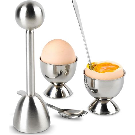 Ensemble ouvre-œufs, 2 coquetiers pour œufs à la coque et œufs durs avec 2 cuillères, construction en acier inoxydable, convient à la plupart des tailles d'œufs, conception ergonomique et ajustable po (1/5)
