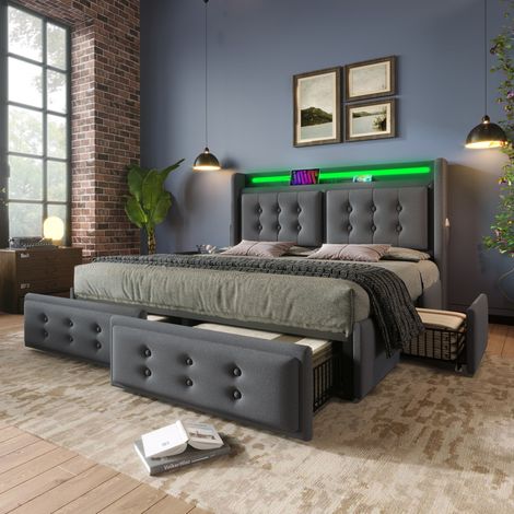 letto contenitore 140x200 LED USB cassetti grigio OKMYHOME (1/5)