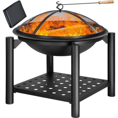 Brasero rond de jardin Ø55 cm en acier revêtu poudre noir avec pare-étincelles, couvercle et support à bois, chauffage extérieur à bois et charbon pour terrasse (1/5)