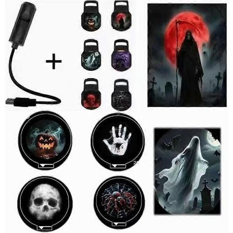 Lampe de projection LED USB Halloween, 6 motifs lumineux : fantôme, chauve-souris, araignée, squelette, décoration festive pour Halloween (1/5)