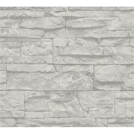 Stone tile wallpaper wall Profhome 707116 non-woven wallpaper slightly textured with nature-inspired pattern matt grey white 5.33 m2 (57 ft2) (1/5)