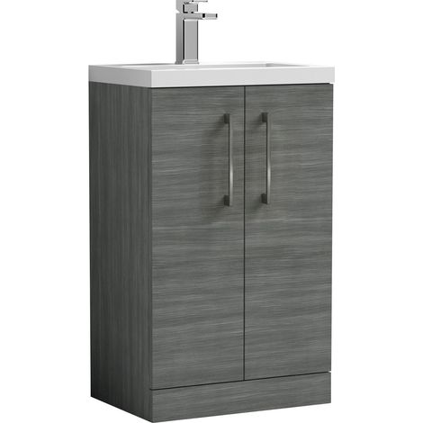 Balterley Bramshall Compact Bathroom Cloakroom Vanity Basin Unit with Polymarble Basin, Brushed Pewter Handles, 500mm, Woodgrain Grey