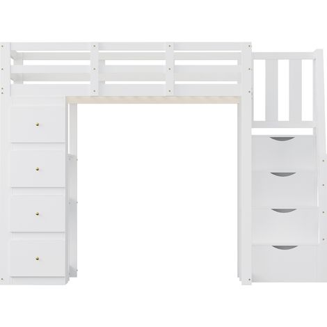 Hochbett 140 x 200 cm mit Stauraum, sicherer Treppe und Regalen, weißes Holz (1/5)