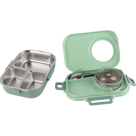 Isolierte Lunchbox aus Edelstahl 304 für Schüler, tragbare doppelwandige Lunchbox mit Suppenschüssel und Fächern, grün, 1100 ml Mahlzeitenset (Box + Schüssel + Besteck) (1/5)