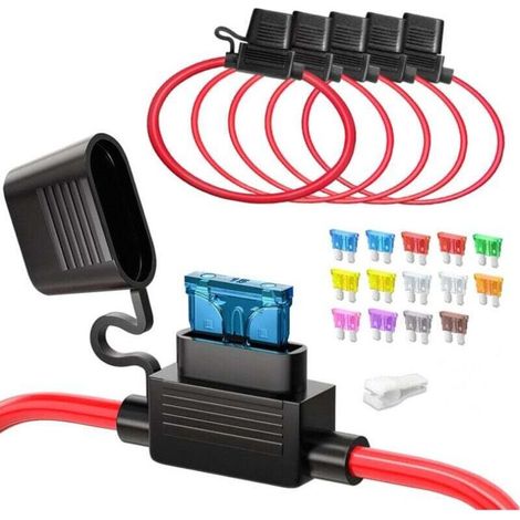 5pcs 12(1)+16AWG(4) Porte fusible Moyenne en ligne, ATC/ATO Automotive plat 12V Porte fusible étanche pour voiture/camion/motor + 14pcs Fusibles Standard(2A 3A 5A 7.5A 10A 15A 20A 25A 30A 35A) (1/4)