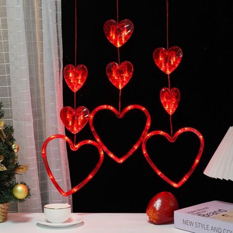 Decorazione per finestre di San Valentino in 3 pezzi con timer，luci LED a forma di cuore rosse da appendere con ventose