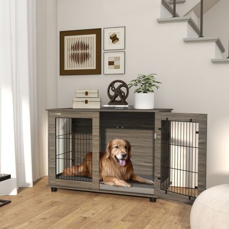 Cage pour chien 2 en 1 table d'appoint avec coussin en peluche déhoussable porte verrouillable 100 x 60 x 73.5 cm gris