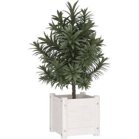 Jardinière carrée extérieure 31 x 31 x 31 cm en bois de pin massif, bac à fleurs robuste pour jardin, blanc (1/5)