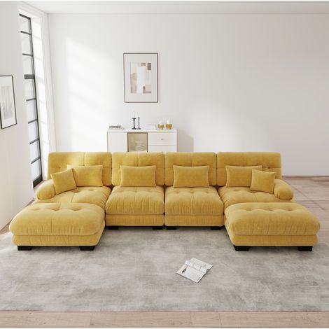 Modulares U-Sofa gelb aus Chenille mit beweglichen Ottomane und tiefer Sitzfläche (1/5)