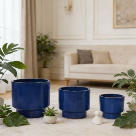 Ensemble de 3 pots de fleur plantation en céramique faits main Bleu saphir (1/5)
