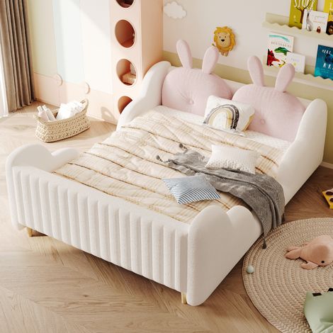 Lit adulte 140x200 cm lit capitonné avec coussins lapin et côtés nuage, sommier à lattes, structure stable, tissu teddy blanc (1/5)
