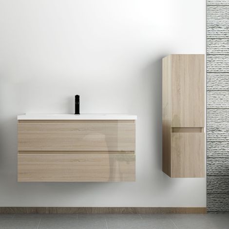 Acezanble – Ensemble meuble salle de bain 100 cm – Chêne Wotan brillant – 2 tiroirs à fermeture automatique – Lavabo céramique simple – Colonne suspendue