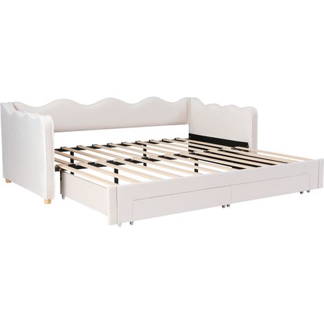 Lit coffre extensible en velours beige 90x200 cm avec 2 tiroirs et ports USB, canapé-lit 180x200 cm sans matelas (1/5)