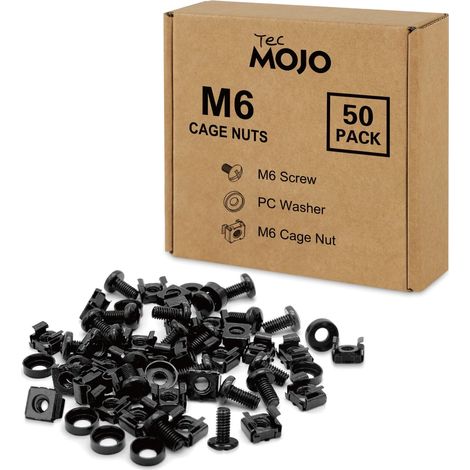 M6×12mm 50 Pièces, Jeu de Vis à Écrou Cage pour Armoires Réseau, Lot de 50 Pièces pour Panneaux de Brassage, Racks et Boîtiers de Serveurs 19 pouces et 10", Kit de Montage en Acier, Noir (1/5)