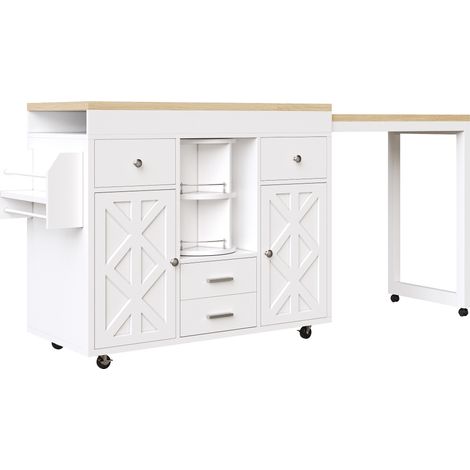 Table de bar extensible en MDF avec espace de rangement réglable, roulettes pivotantes et porte-serviettes, pour cuisine et petits espaces (1/5)