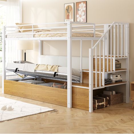 Litera 90 x 200 cm con escalera de almacenaje, respaldo PU, elevación hidráulica, blanco (1/5)