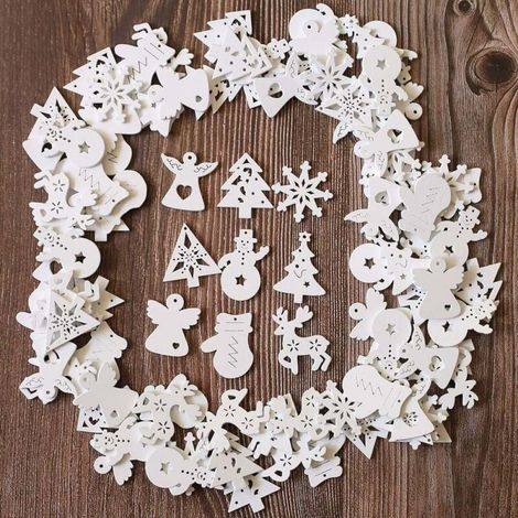 100 Décorations de Noël, Bois Blanc 3,5cm, Flocons Père Noël, Ornement Sapin Couronne (1/5)