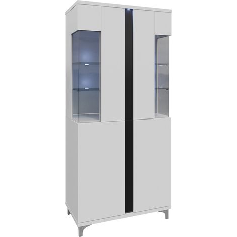 Estantería Florem IV, Blanco + Blanco brillante + Negro brillante, Cerrable, Con puertas, Vidrio, Aglomerado laminado, Número de puertas: 4, Número de cajones: 0, 198x92x40cm, LED