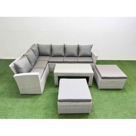 Fimous Rattan Garden Furniture Set Outdoor 8 Seater Corner Sofa Sets with Oblong Coffee Table 2 Big Footstools Light Grey Mixed (1/5)