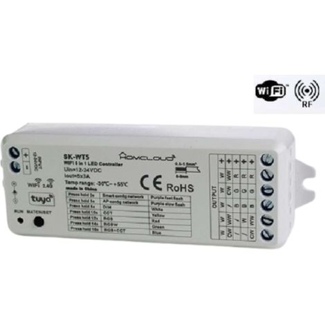 Controller LED Wi-Fi e RF, 5 Canali, RGB+CCT, 12–24V DC, 5×3A, 2.4GHz