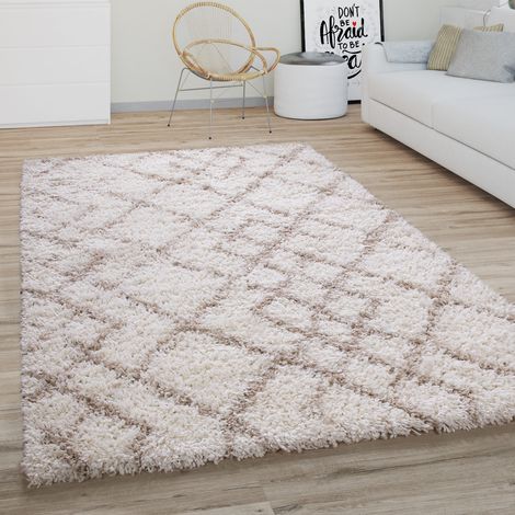 Paco Home Hochflor Teppich Wohnzimmer Shaggy Langflor Modernes Boho Skandi Rauten Muster 80 cm Rund, Creme Beige 2
