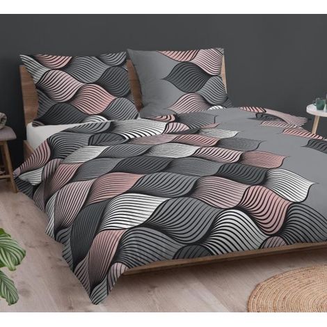 Linge de lit en coton 160x200 gris rose blanc tresses (1/3)