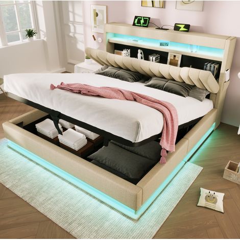 MEUBLIV letto 140x200 cm beige con testiera LED, contenitore idraulico, senza materasso (1/5)