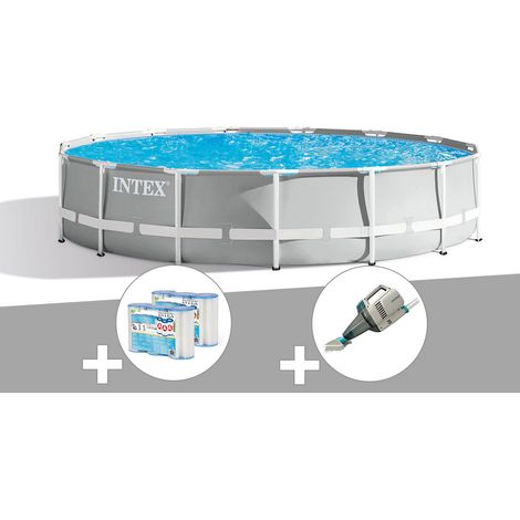 Kit piscine tubulaire Intex Prism Frame ronde 4,57 x 1,07 m + 6 cartouches de filtration + Aspirateur (1/2)