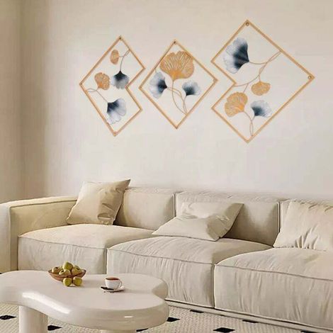 Set of 3 metal wall decorations - Ginkgo leaf - Wrought iron wall decoration - Gold wall decoration for garden, living room, bedroom, dining room, (1/4)