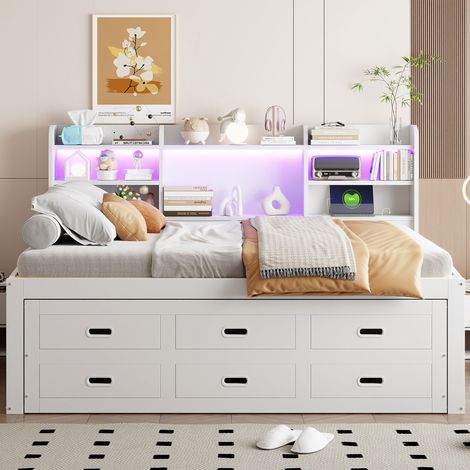 DESMIU Lit banquette 140 × 200 cm 2 places avec 3 tiroirs, LED, USB, Type-C et rangement, sans matelas, blanc (1/5)