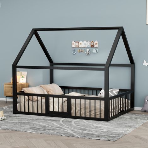 Letto a casetta in metallo 140 x 200 cm nero con sponde di sicurezza (1/5)
