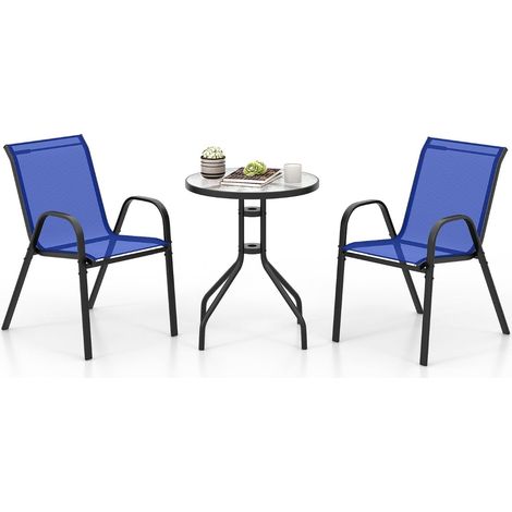 3-teiliges Bistro-Set für den Außenbereich mit stapelbaren Stühlen, Blau