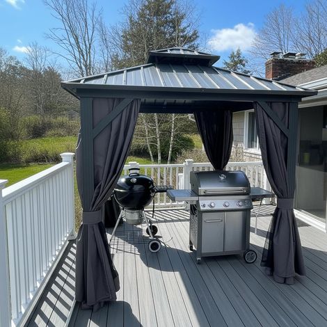 PURPLE LEAF Pergola de Jardin Extérieur Économique, Hardtop Tonnelle, Pavillon en Aluminium avec Toit Double en Acier Galvanisé, Gazebo avec Moustiquaire et Rideaux, 2.4 x 2.4 m, Gris