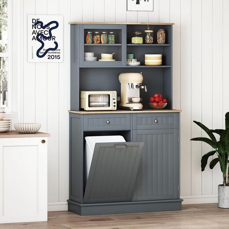 Costway – Buffet de cuisine 2 tiroirs – Meuble avec plan de travail en bois d'hévéa 100 cm – Armoire à poubelle inclinable 38 L – Dimensions 100 x 34 x 172 cm