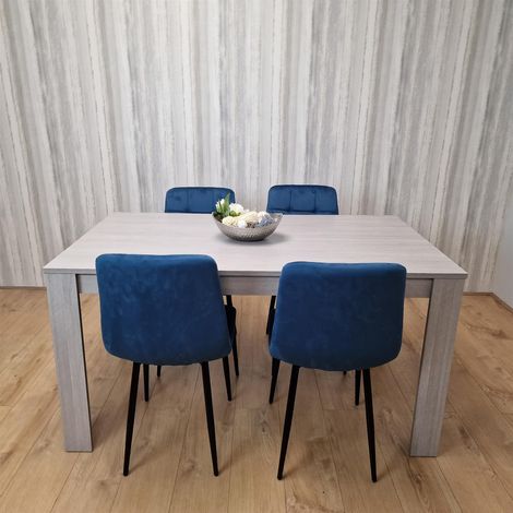 Dining Table and 4 Chairs Grey 4 Blue Velvet Chairs Wood Dining Set Furniture (1/5)