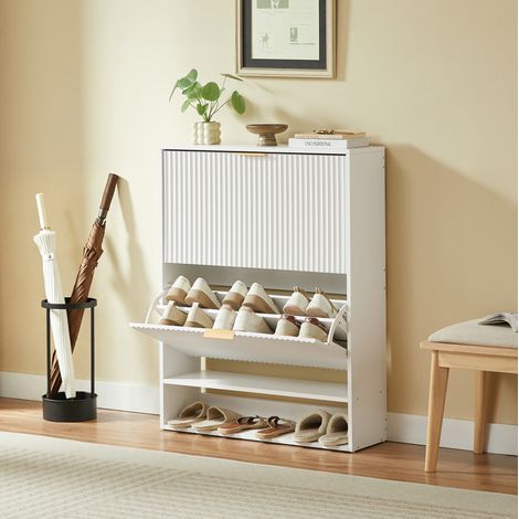 Schuhschrank 80x24x102 cm Weiß aus MDF mit Kippschutz, höhenverstellbaren Fächern und Ablage