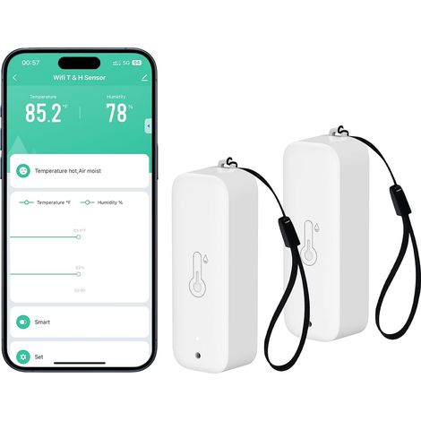 WiFi Hygromètre Thermomètre Capteur, Capteur de température et d'humidité sans fil avec alarme de notification d'application à distance, Fonctionne avec l'application (2 paquet) (1/5)