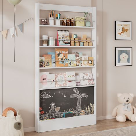Libreria per bambini stretta a 4 livelli con lavagna, 100 x 10 x 180 cm, bianco, metallo e MDF (1/5)