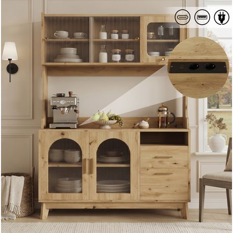 Credenza vetrina 120 x 40 x 178 cm con presa integrata, USB-A e USB-C, colore legno HAVRYA (1/5)