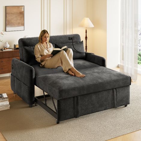 Canapé convertible 2 places 129cm, canapé-lit double multifonction avec port USB, dossier inclinable et poches, tissu chenille (1/5)